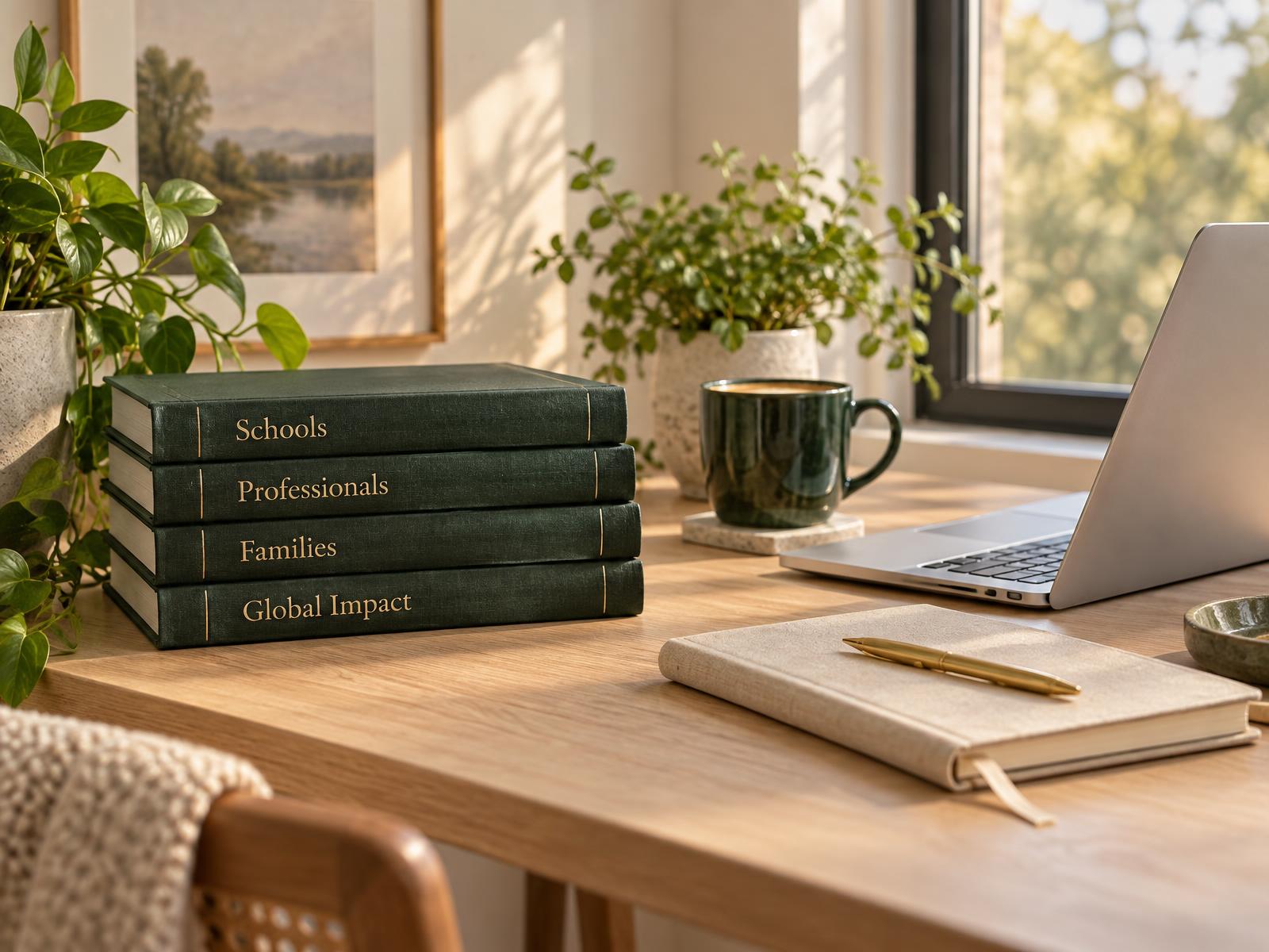 Sunlit wooden desk with a laptop, green mug, planner, plants, and four green hardcover books