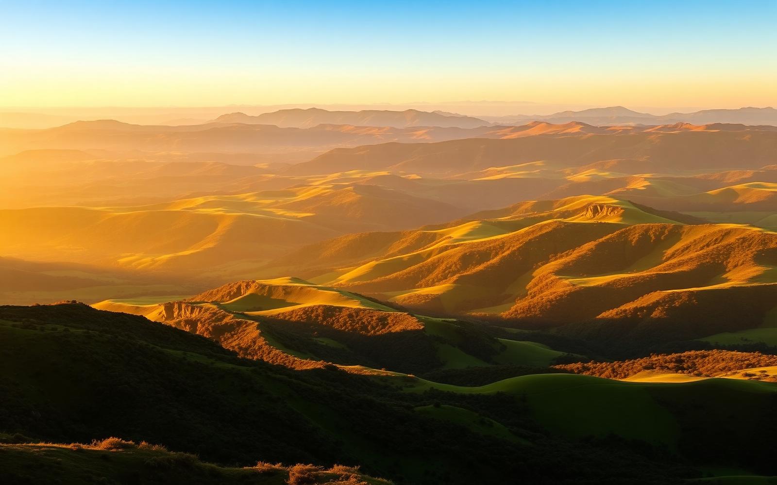 Golden hour over rolling green mountains